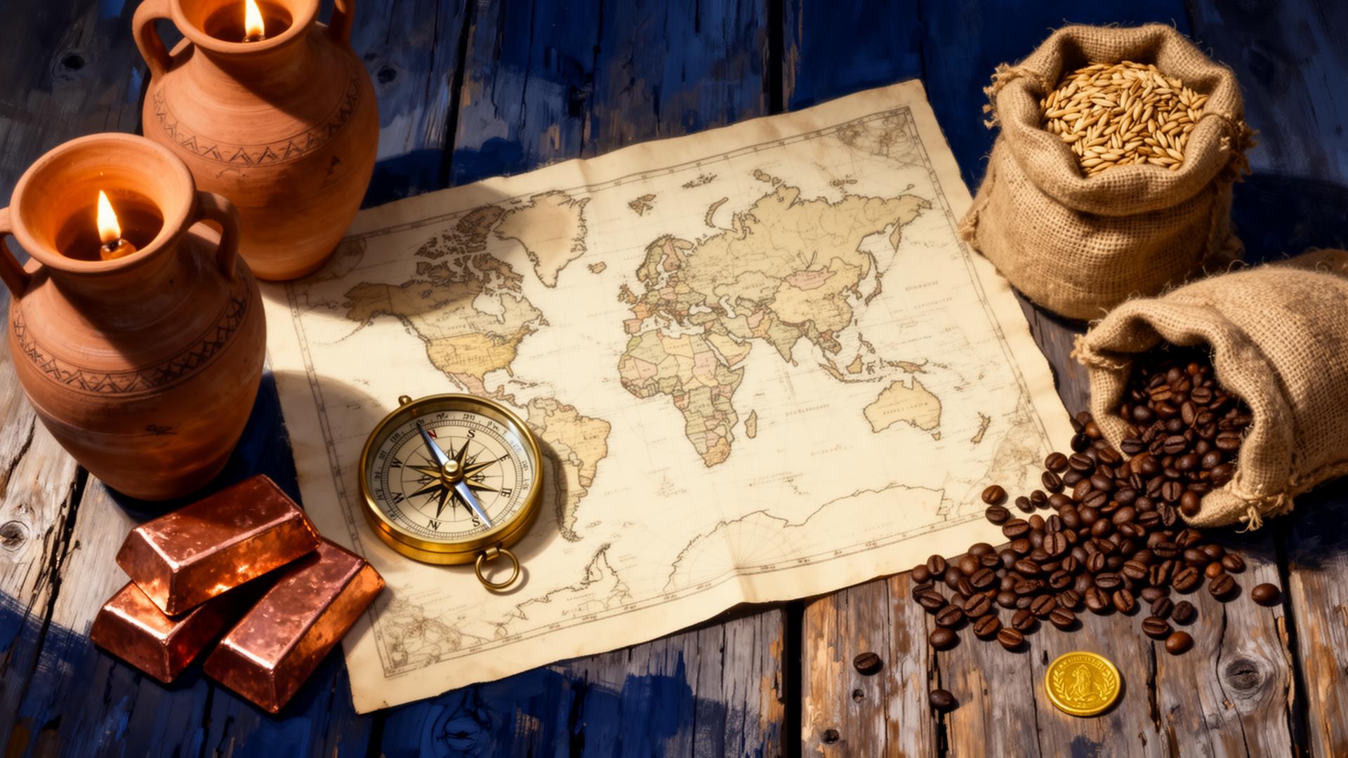 Antique map with copper ingots, compass, amphorae and coffee beans