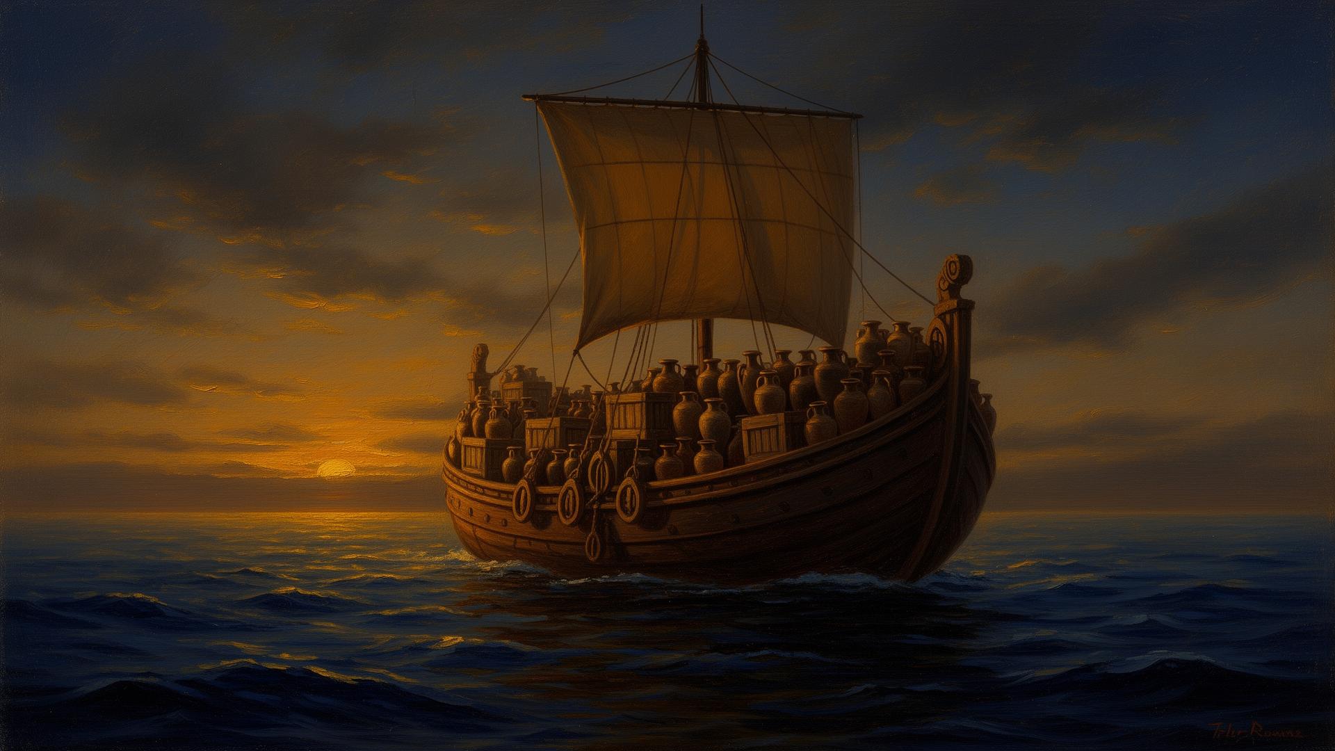 Painting of a Roman corbita merchant ship laden with amphorae at dusk