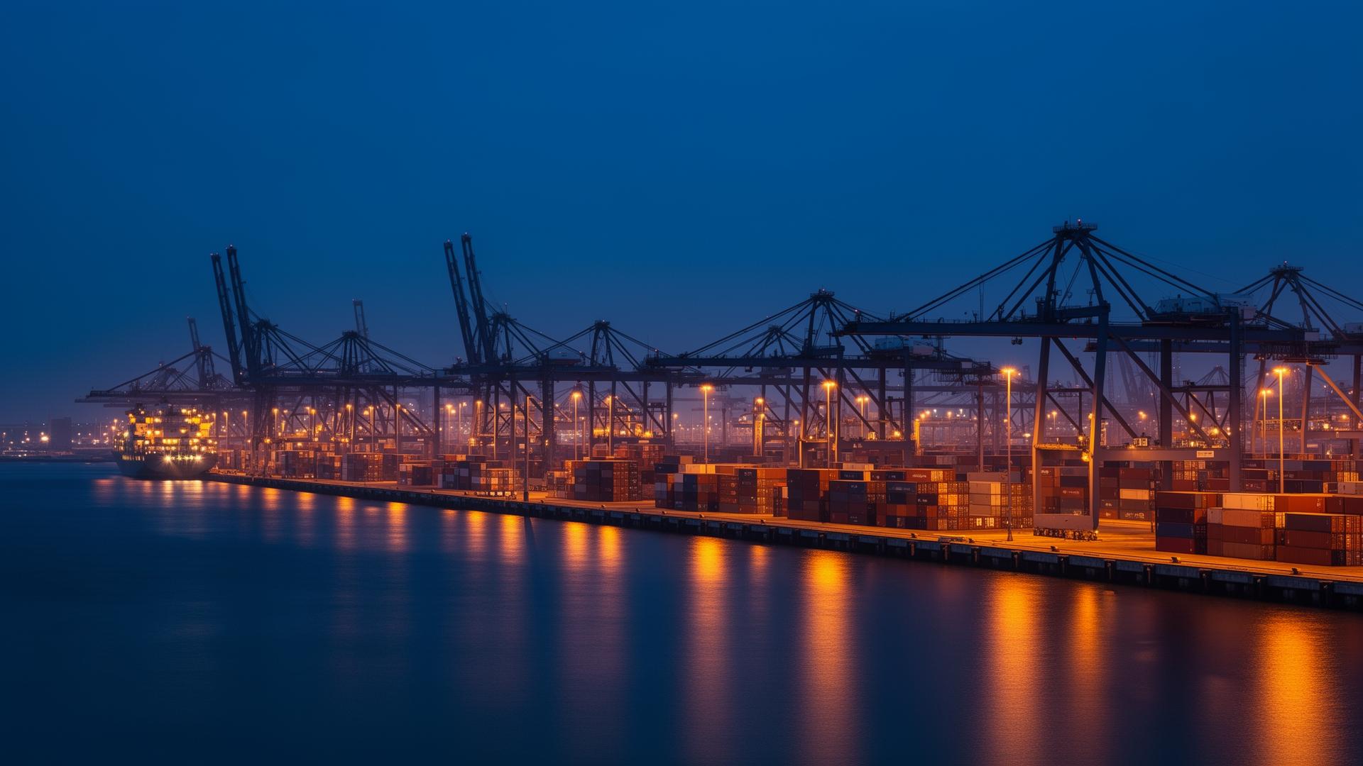 Container port at dawn with cranes silhouetted against a navy sky